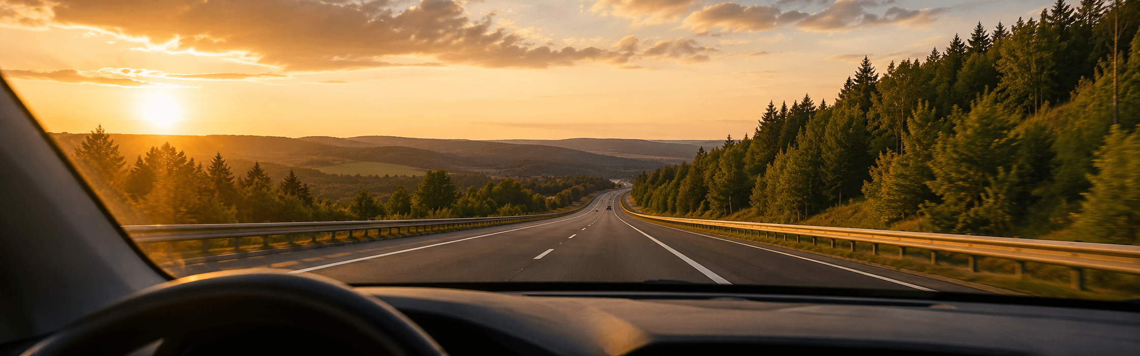 Roadtrip auf der Autobahn im Sonnenuntergang